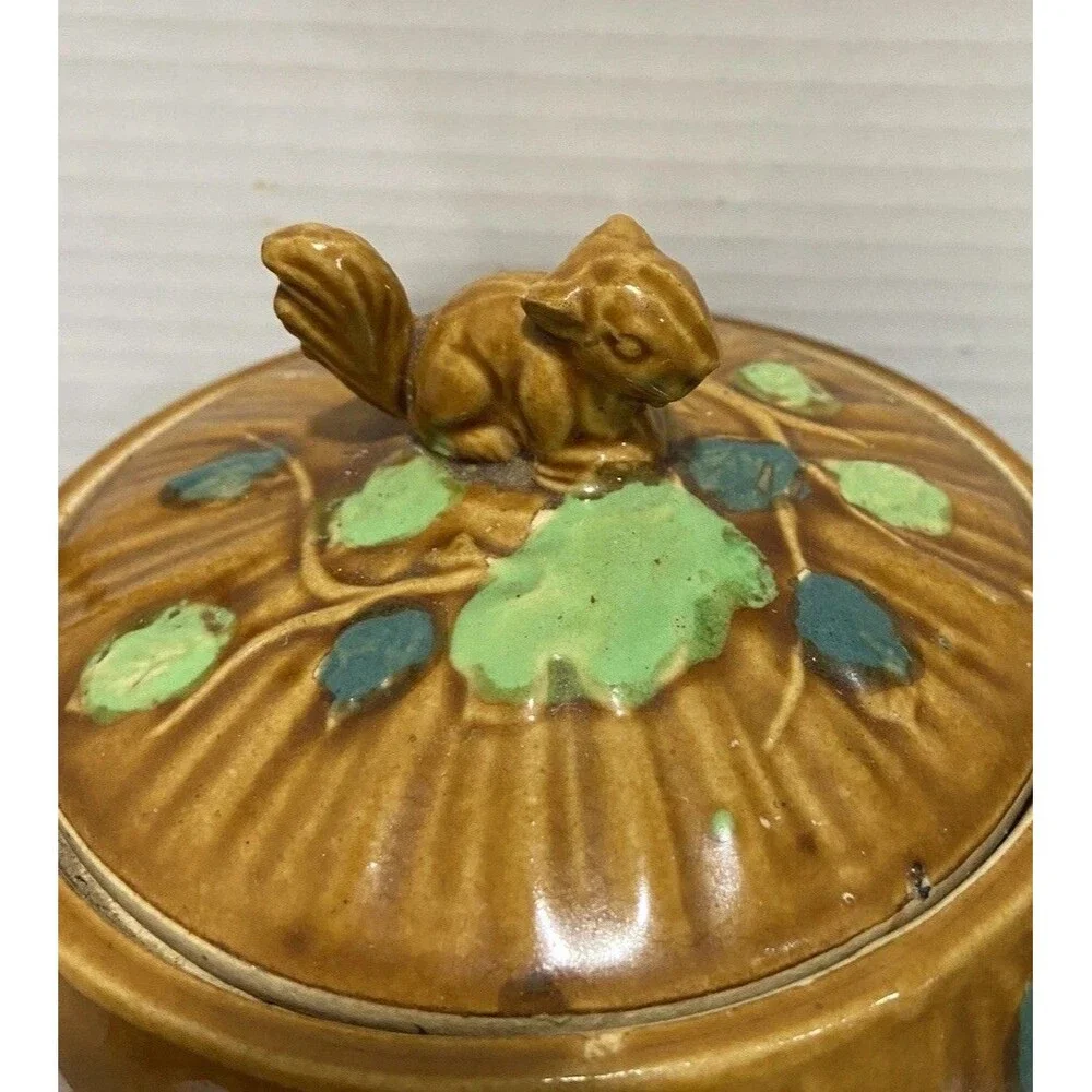 Vintage Majolica Biscuit Cookie Jar Squirrel Top Rattan Handle Hand Glazed Japan